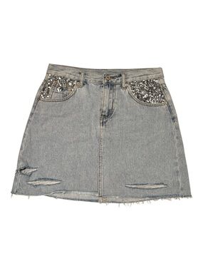 Silver-Sequin Light Blue Denim Mini Skirt
